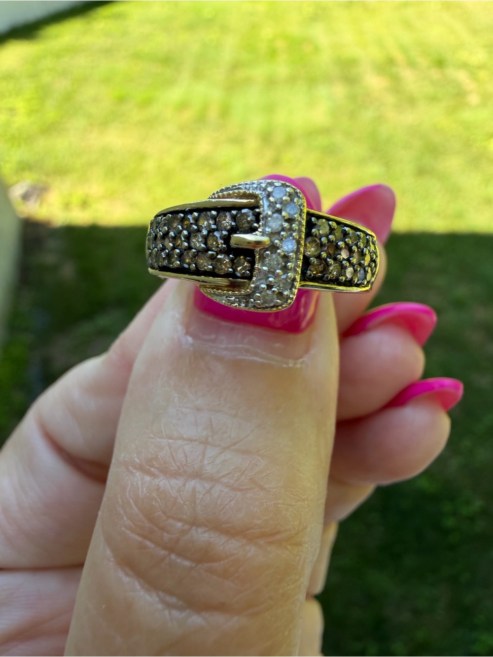 10K Gold Natural Champagne & White Diamond Buckle Ring